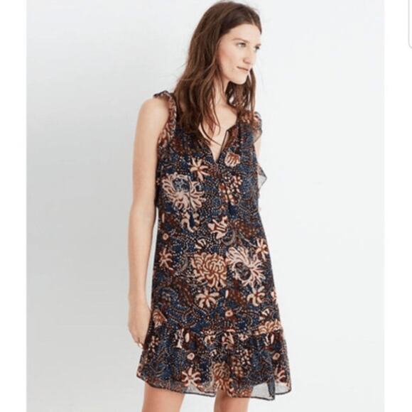 MADEWELL WOMEN'S BROWN & BLUE SEA FLORAL RUFFLE MINI DRESS SIZE SMALL - Picture 1 of 10